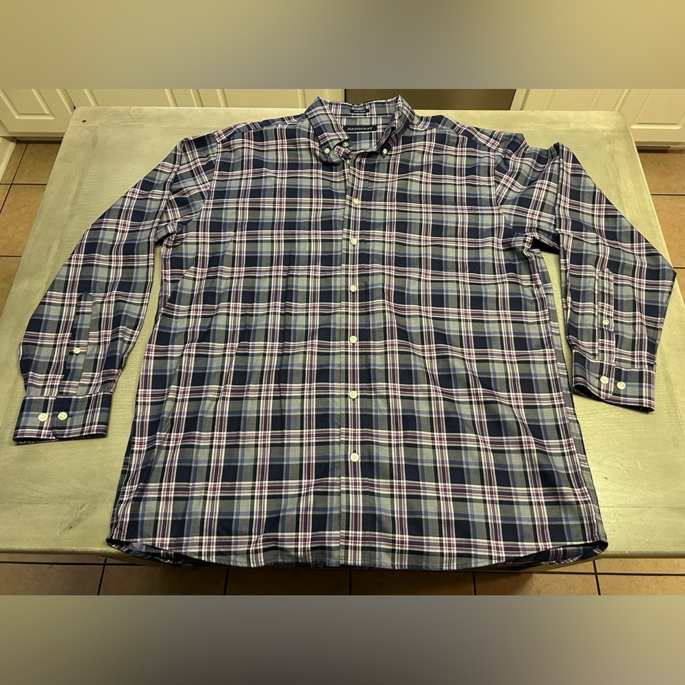 HATHAWAY MENS XL‎ LONG SLEEVE REGULAR FIT SHIRT PURPLE PLAID